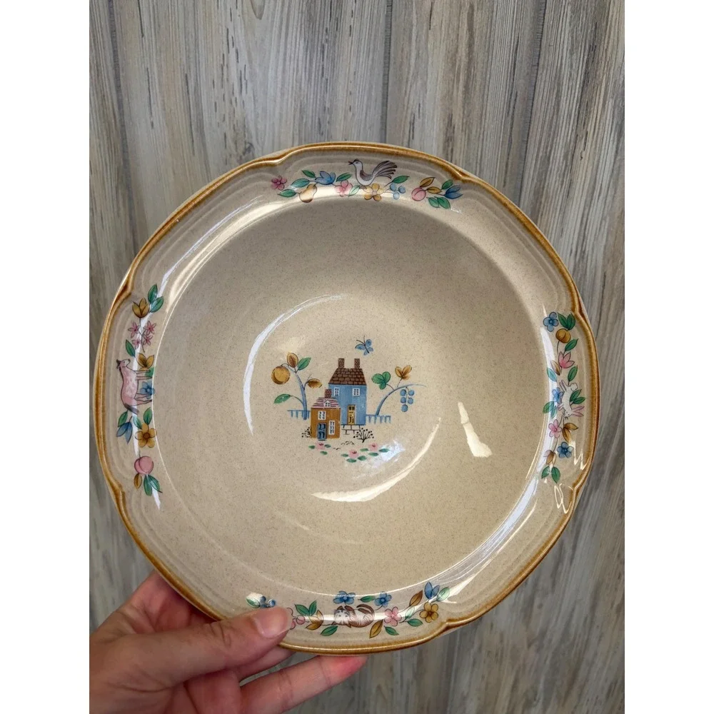 International Stoneware Japan Heartlands Soup Pasta Bowl Folk Art House 9 Inch